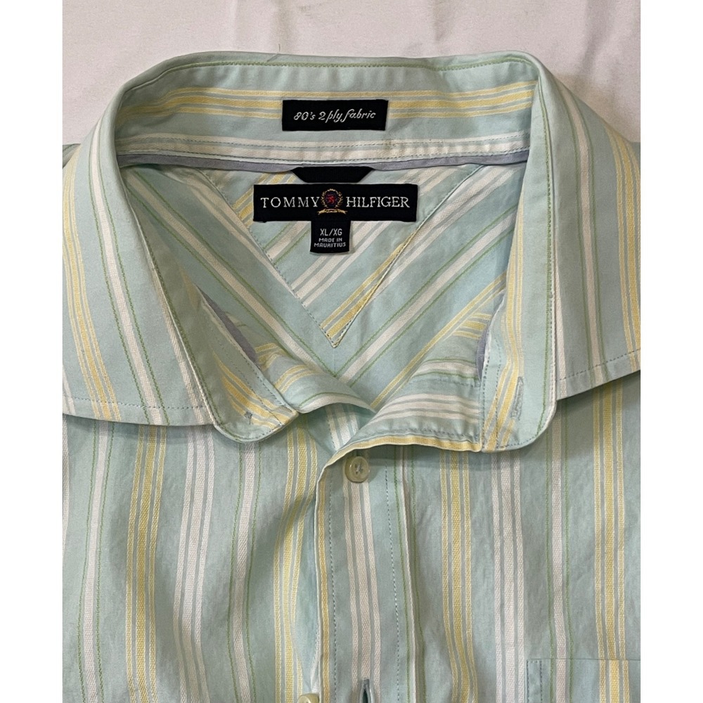 Tommy Hilfiger XL Striped Shirt Flare Collar 2-Ply Cotton 12/05 green striped - Picture 1 of 10